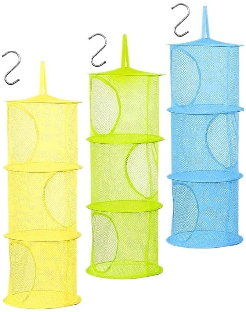 Voarge 3 Stück Set Mesh Hängender Speicher Korb, Tür-Aufbewahrung für Kinder Spielzeug-Organizer zum Aufhängen mit 3 Ebenen tragbar faltbar, für Kleine Kleidung (Blau, Grün, Gelb) Bild 1