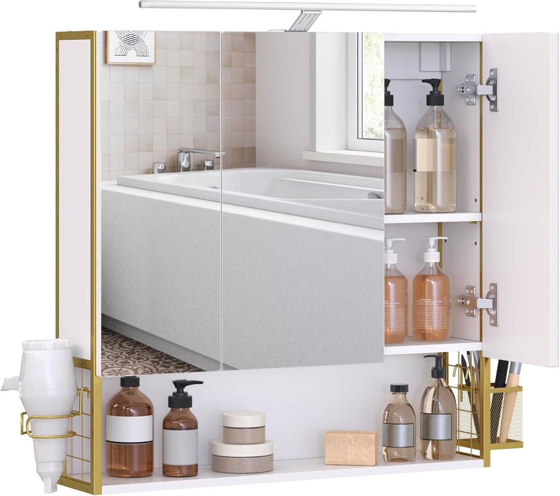 Vasagle Spiegelschrank Bad mit Beleuchtung, Badezimmerschrank, Spiegelschrank, Badschrank, Wandschrank fürs Bad, höhenverstellbare Regalebene, Doppeltür, modern, weiß-gold Bild 1