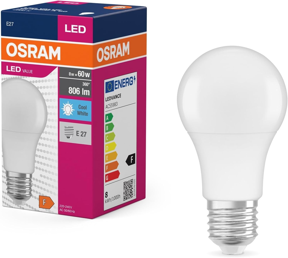 OSRAM LED Star Value Classic A60 LED Lampe für E27 Sockel, Birnenform, FR, 806 Lumen, kaltweiß (4000K), Ersatz für herkömmliche 60W Glühbirnen, nicht dimmbar, 10er-Pack Bild 1