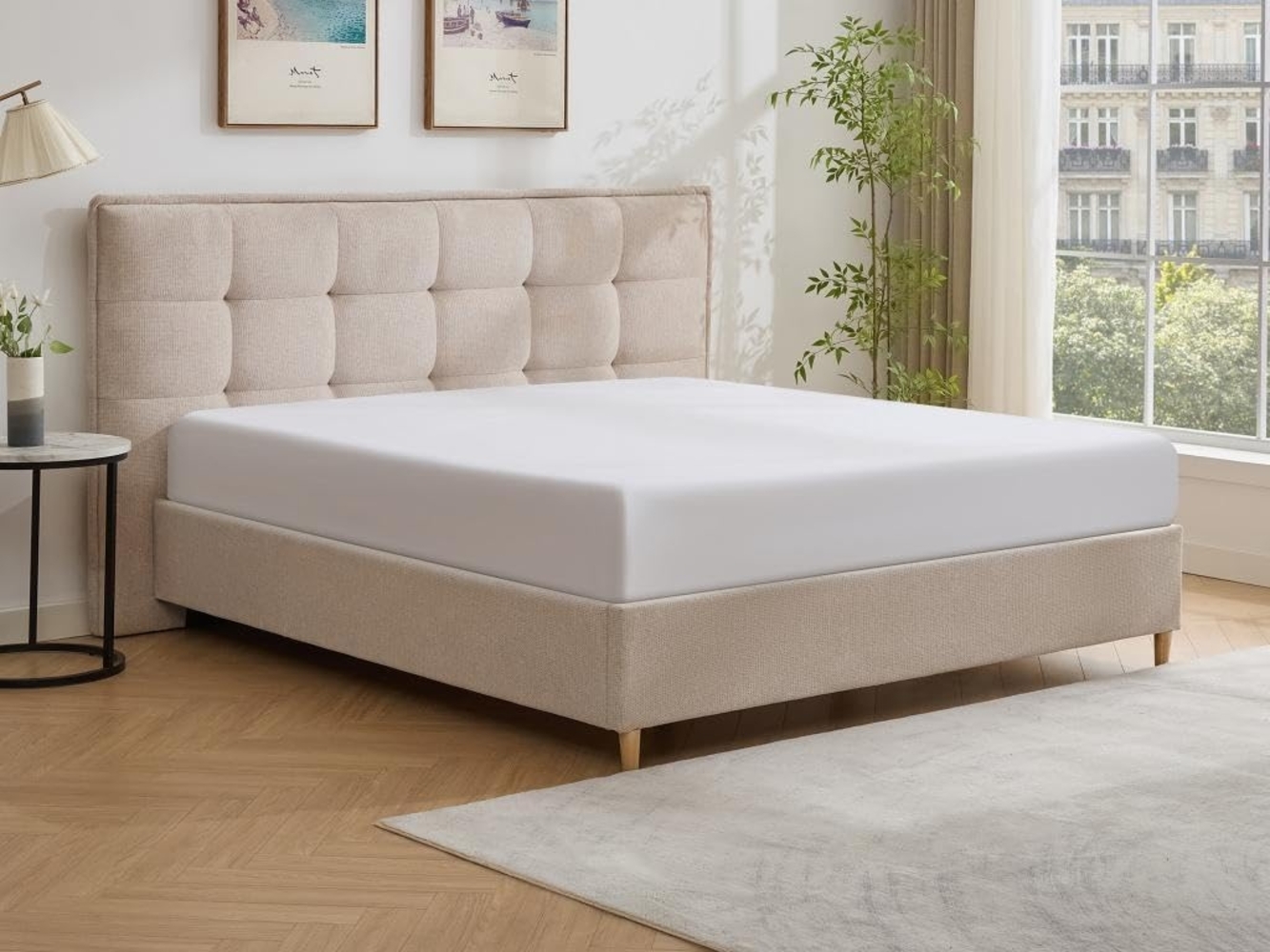 Vente-unique - Bett mit gestepptem Kopfteil - 140 x 190 cm - Stoff - Beige - NIRPIO Bild 1