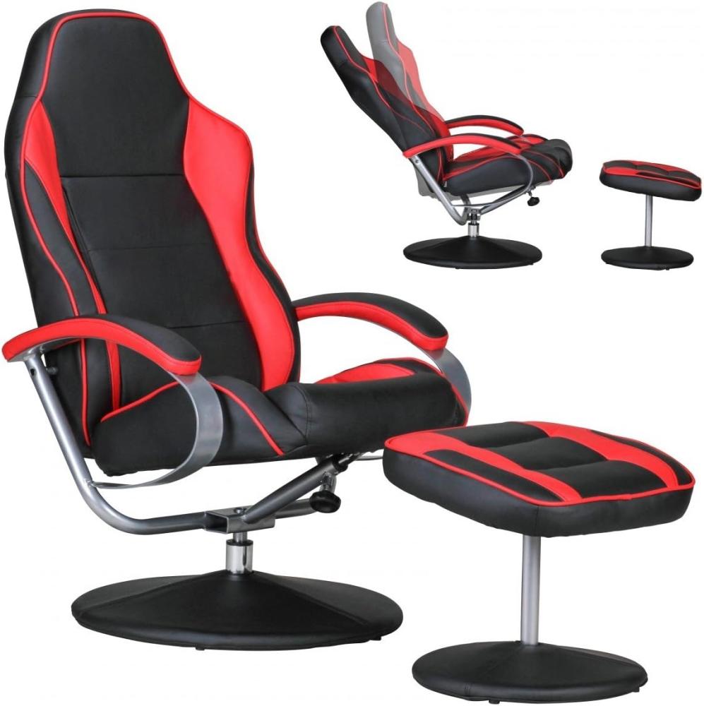 AMSTYLE Fernsehsessel Sporting TV Design Relax-Sessel verstellbar Racing Modern Bezug Kunstleder schwarz/rot drehbar mit Hocker 110 kg mit Armlehnen und Hocker Gaming Sessel ohne Motor Bild 1