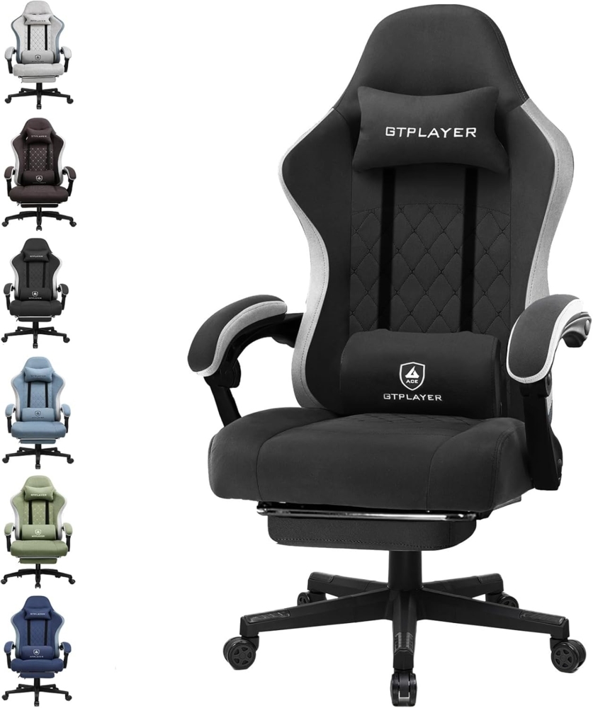 GTPLAYER Gaming Stuhl Ergonomischer Gaming Sessel Schreibtischstuhl mit Stoffoberfläche, Federsitzkissen, Verbindungsarmlehnen und Fußstütze schwarz Bild 1