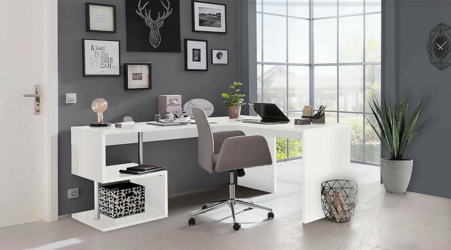 Dmora Eckschreibtisch für Büro und Arbeitszimmer mit Regal, Made in Italy, Computertisch, Schreibtisch für PC, 160x60h78 cm, glänzend weiße Farbe Bild 1