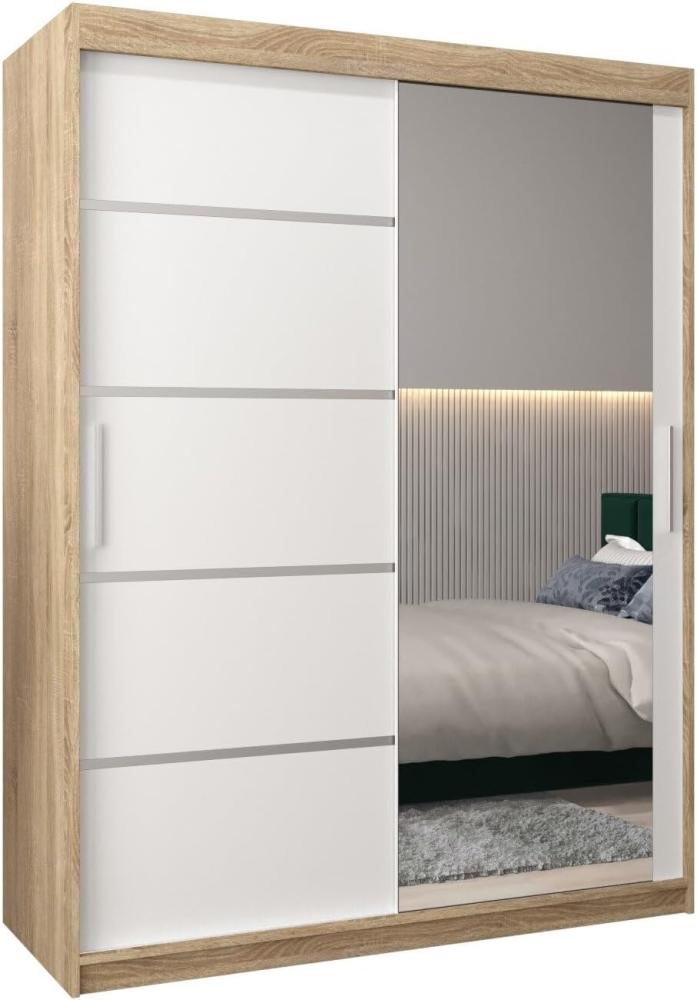 Schwebetürenschrank Verona 2-150 cm mit Spiegel Kleiderschrank mit Kleiderstange und Einlegeboden Schlafzimmer- Wohnzimmerschrank Schiebetüren Modern Design (Sonoma + Weiß) Bild 1