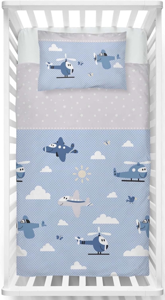 LINKHOFF Babybettwäsche Kleinkinder Bettwäsche 135x100 + Kissen 60x40cm - Flugzeuge Blau, 100% Baumwolle, Flanell Biber Bettwäsche Bild 1