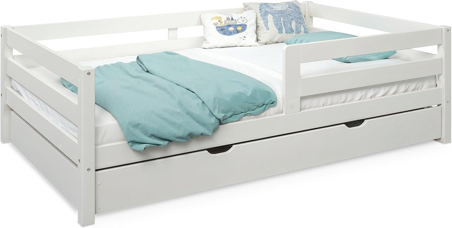 Ehrenkind Kinderbett aus massivem Kiefernholz mit Rausfallschutz in Natur und Weiß (Jugendbett in weiß, Kinder Bett), Kinderbett 120x200 cm Bild 1