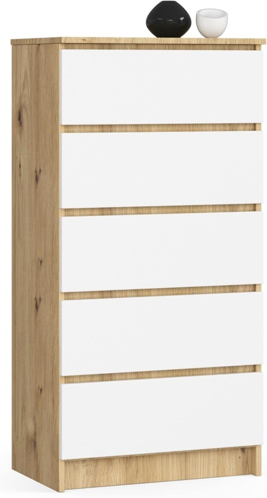 AKORD Kommode K60 mit 5 Schubladen | für das Wohnzimmer Schlafzimmer Schrank Büro Arbeitszimmer | Modernes Funktionales Design | B60 x H121 x T40 cm, Gewicht 39kg | Kunsthandwerkliche Eiche | Weiß Bild 1