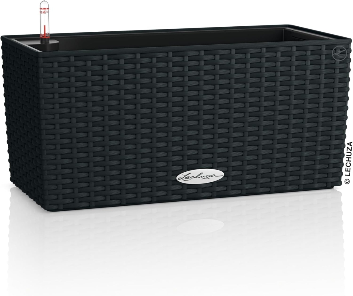 LECHUZA-Pflanzgefäß BALCONERA Cottage 40 graphitschwarz, Balkonkasten mit Bewässerungssystem, Wasserstandsanzeiger und Pflanzeinsatz, Flechtoptik, 40 x 19 x 19 cm, 15475 Bild 1