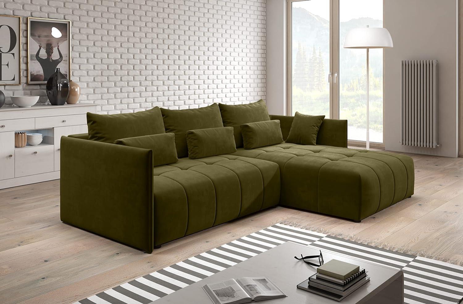 Furnix Ecksofa Yalta mit Schlaffunktion und Bettkasten - Couch L-Form Sofa mit Kissen - Stellfüße in Chromoptik - B245 x H83 x T182 cm, Liegefläche: 147 x 232 cm - MH38 (Moos-Gruen) Bild 1