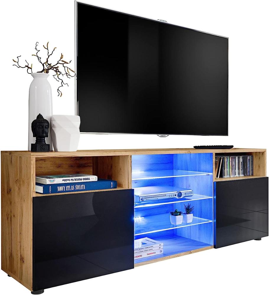 ExtremeFurniture T38 TV Lowboard, Karkasse in Wotan Matt/Front in Schwarz Hochglanz mit LED in RGB Bild 1