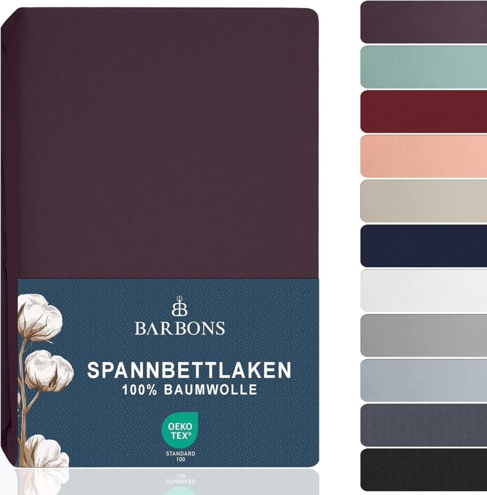 BARBONS Spannbettlaken 180x200 cm - Spannbetttuch für Dicke Matratzen bis zu 27 cm 100% Baumwolle Oeko-TEX Zertifiziert Bettlaken Jersey Bettware Bettbezug für Boxspringbett - Aubergine 180x200 Bild 1
