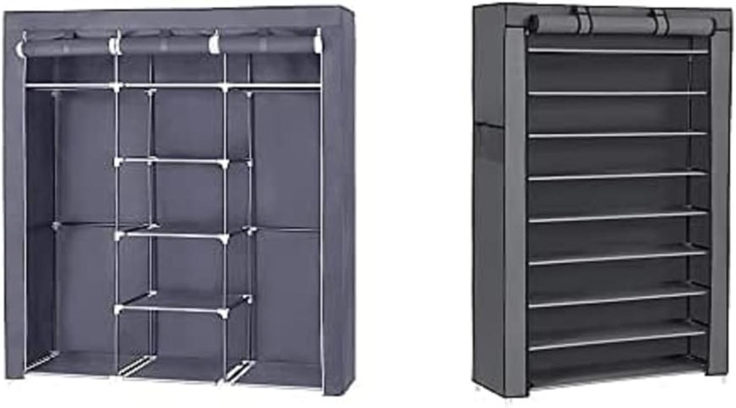 Songmics Kleiderschrank, Faltschrank, Stoffschrank, Faltbare Garderobe mit 2 Kleiderstange, 175 x 150 x 45 cm, grau RYG12G Schuhregal mit 10 Ebenen, Flur, 88 x 28 x 160 cm, grau RXJ36G Bild 1