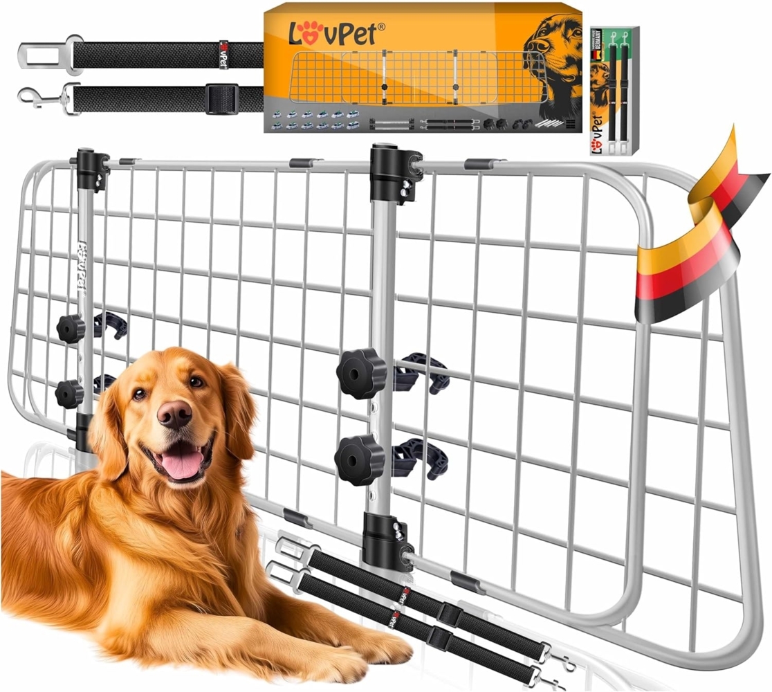 LovPet® Hundegitter Auto, Autoschutzgitter Trenngitter Universal, verstellbare Breite, Kopfstütze Kofferraum Autogitter Maße HxB 30 x 91-153 cm Kofferraumgitter,+ 2x Sicherheitsgurt für Hunde Grau Bild 1