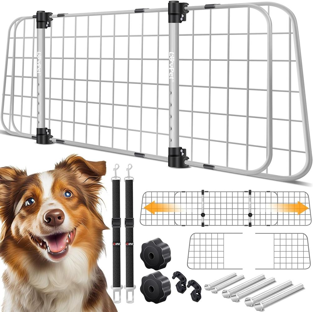 LovPet® Hundegitter Auto, Autoschutzgitter Trenngitter Universal, verstellbare Breite, Kopfstütze Kofferraum Autogitter Maße HxB 30 x 91-153 cm Kofferraumgitter,+ 2x Sicherheitsgurt für Hunde Grau Bild 1