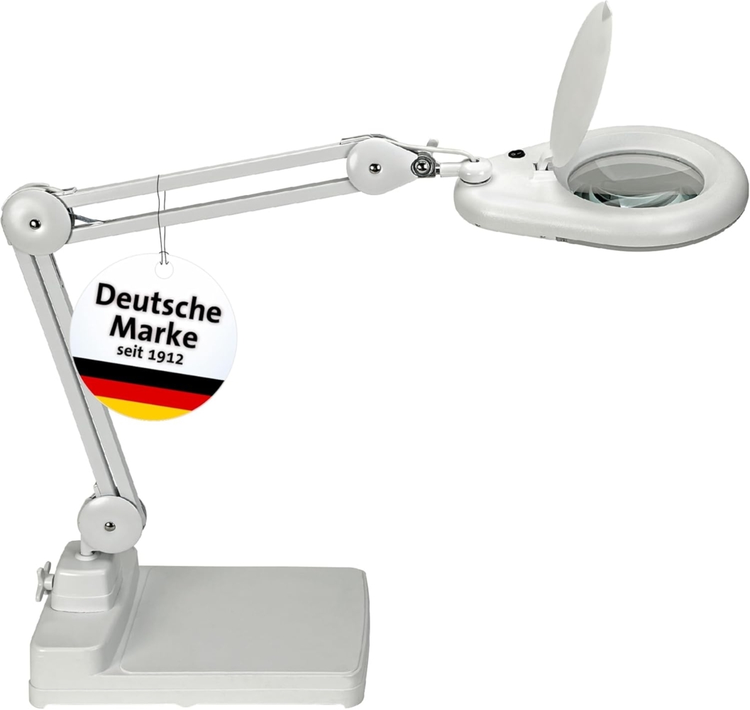 MAUL LED-Lupenleuchte Glaslinse 127mm (5 Zoll) Standfuß weiß m. Abdeckung,runder Kopf Bild 1