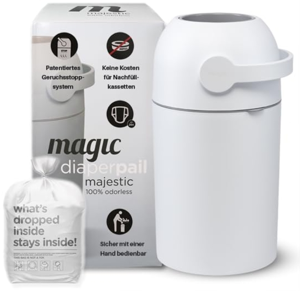 Set Magic Windeleimer Majestic & Windel Blaubär | Diaper Keeper mit Geruchsstop-System | bis zu 15 Windeln | keine Nachfüllkassetten nötig | Mülleimer für Baby Windeln | Einhandbedienung Bild 1