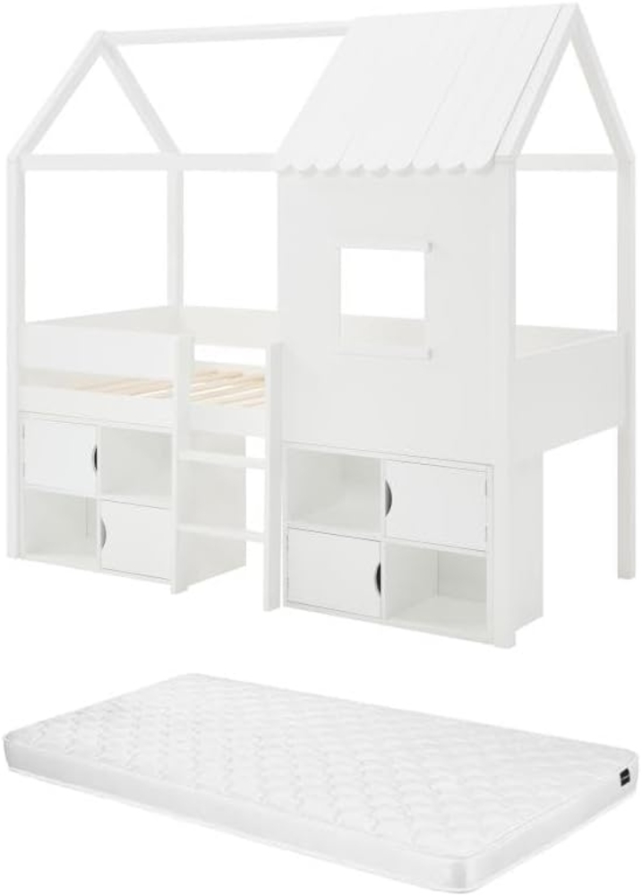 Vente-unique - Halbhohes Bett in Hausoptik + Matratze - 90 x 190 cm - Kiefer & MDF - Weiß - VALESKIA Bild 1