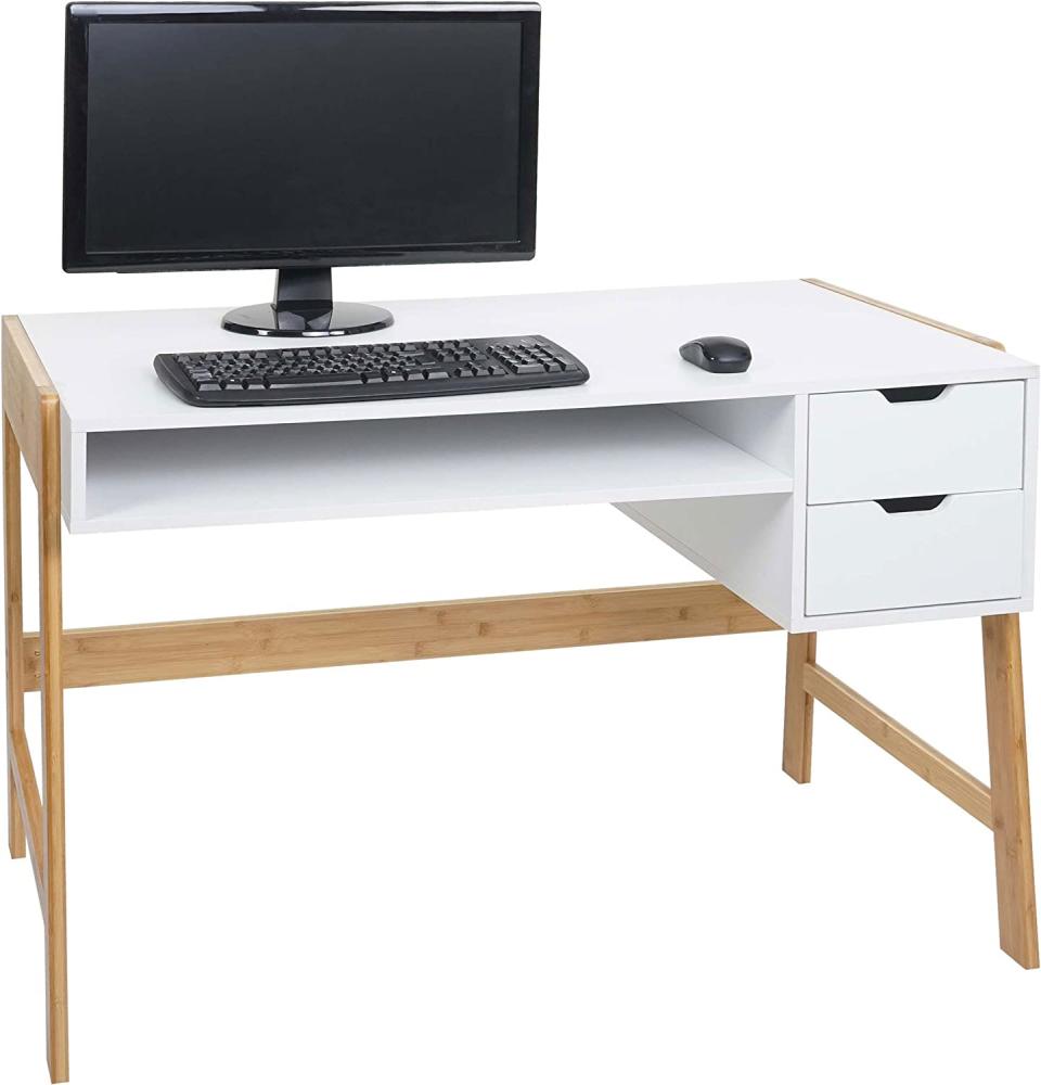 Schreibtisch HWC-K12, Bürotisch Computertisch Arbeitstisch, Schublade, Bambus 76x115x58cm ~ weiß Bild 1