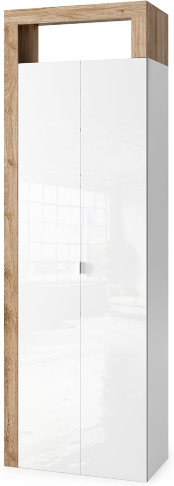 Robas Lund Hamburg Badezimmer-Hochschrank, Modern, 64 x 188 x 35 cm, Weiß Hochglanz/Eiche Cadiz, Melamin, 5 Einlegeböden, 2 Türen, Wandmontage Bild 1