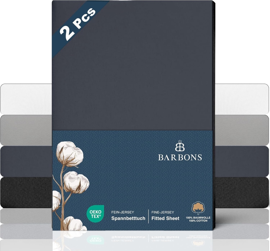 BARBONS Spannbettlaken 90x200 cm 2er - 100% Baumwolle Spannbettlaken, Oeko-TEX Zertifiziert, Bettlaken Jersey, Spannbetttuch, Matratzenhöhe bis 25 cm (Dunkelgrau - 90x200-2er) Bild 1