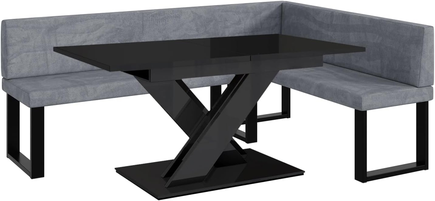 MEBLINI Eckbank für Esszimmer mit ausziehbarem Tisch - Küchenbank - Essecke - Sitzecke Küche - TONI - U-Beine 142x196x87cm Rechts - Grau Samt/B Schwarz Hochgl. Bild 1