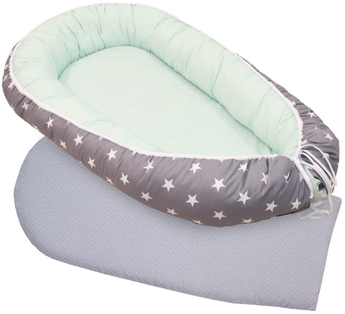 ULLENBOOM ® Babynest Set mit Einlage, Kuschelnest (55x95 cm) Mint Grau (Made in EU) - Baby Nestchen aus Baumwolle, ideal als Reisebett, Baby Cocoon & Kuschelbett, im Set mit Einlage Bild 1