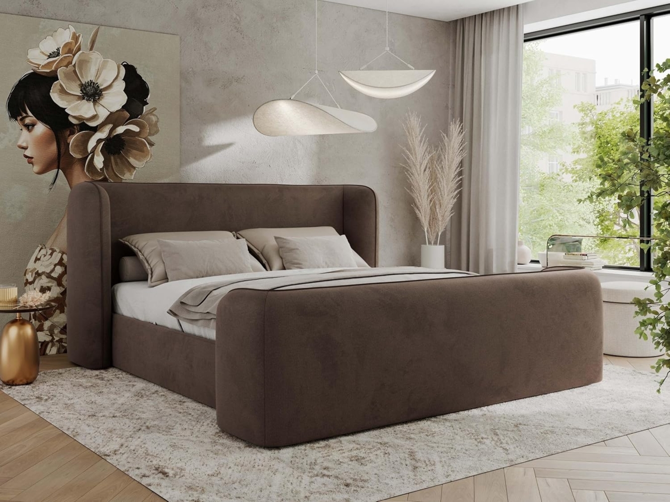 Polsterbett mit Lattenrost, Doppelbett für Schlafzimmer, Gepolstertes Kopfteil - EMORA DUO - 120 x 200 cm - Braun Velours Bild 1