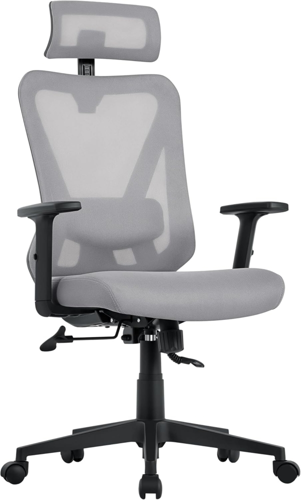 Yaheetech Bürostuhl Ergonomisch, Schreibtischstuhl mit Verstellbarer Kopfstütze, Armlehnen, Lendenwirbelstütze, Verschließbar höhenversteller Drehstuhl mit 90°-130° Liegefunktion Hellgrau Bild 1