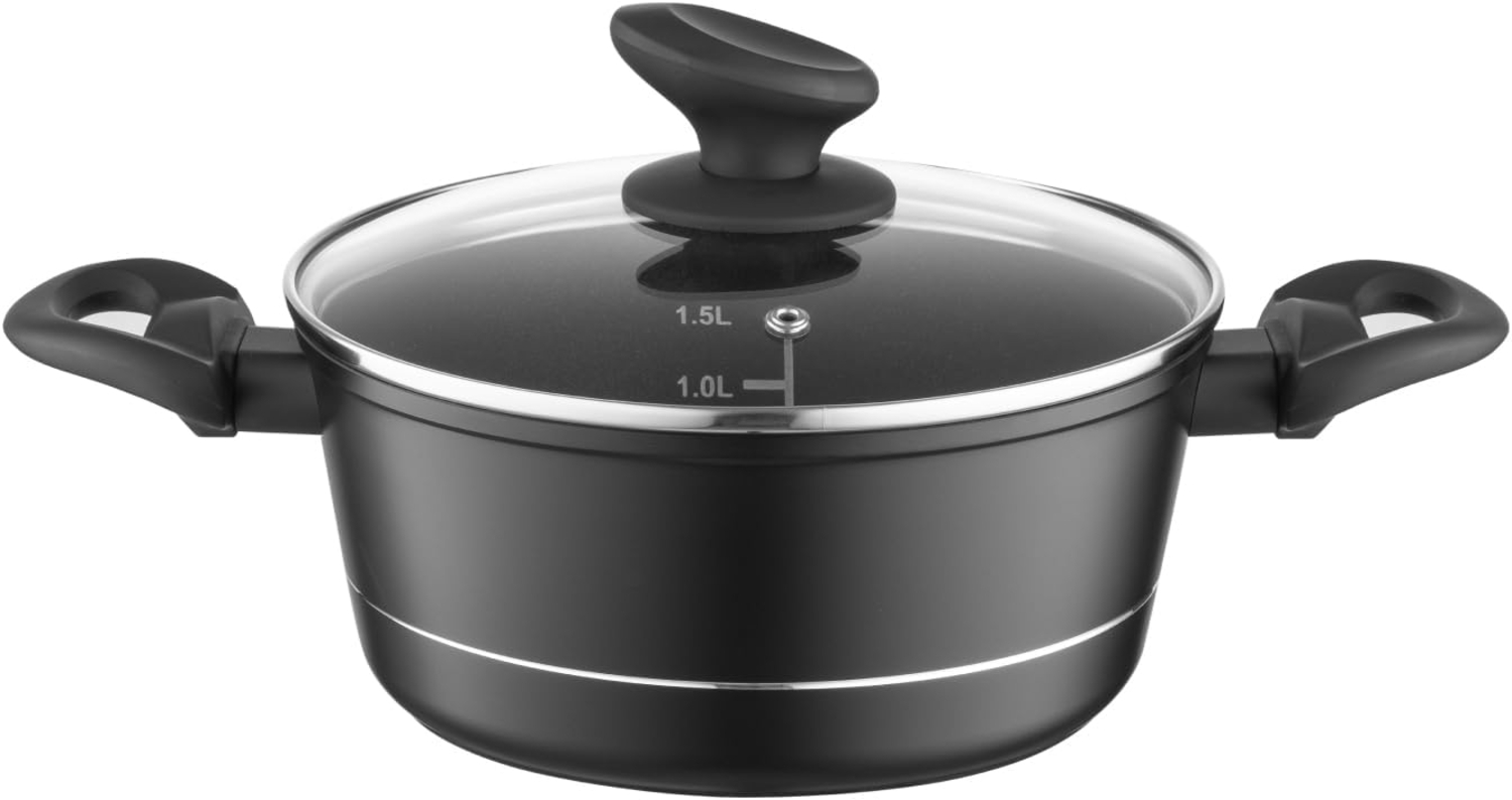 FLORINA Aluminium Topf (1,5 l) 18 cm I Kochtopf DELUX mit Glasdeckel I Messbecher & Antikratz-Beschichtung I Topf mit Induktionsboden I Geeignet für Induktionsherd, Gasherd und Elektroherd (Schwarz) Bild 1