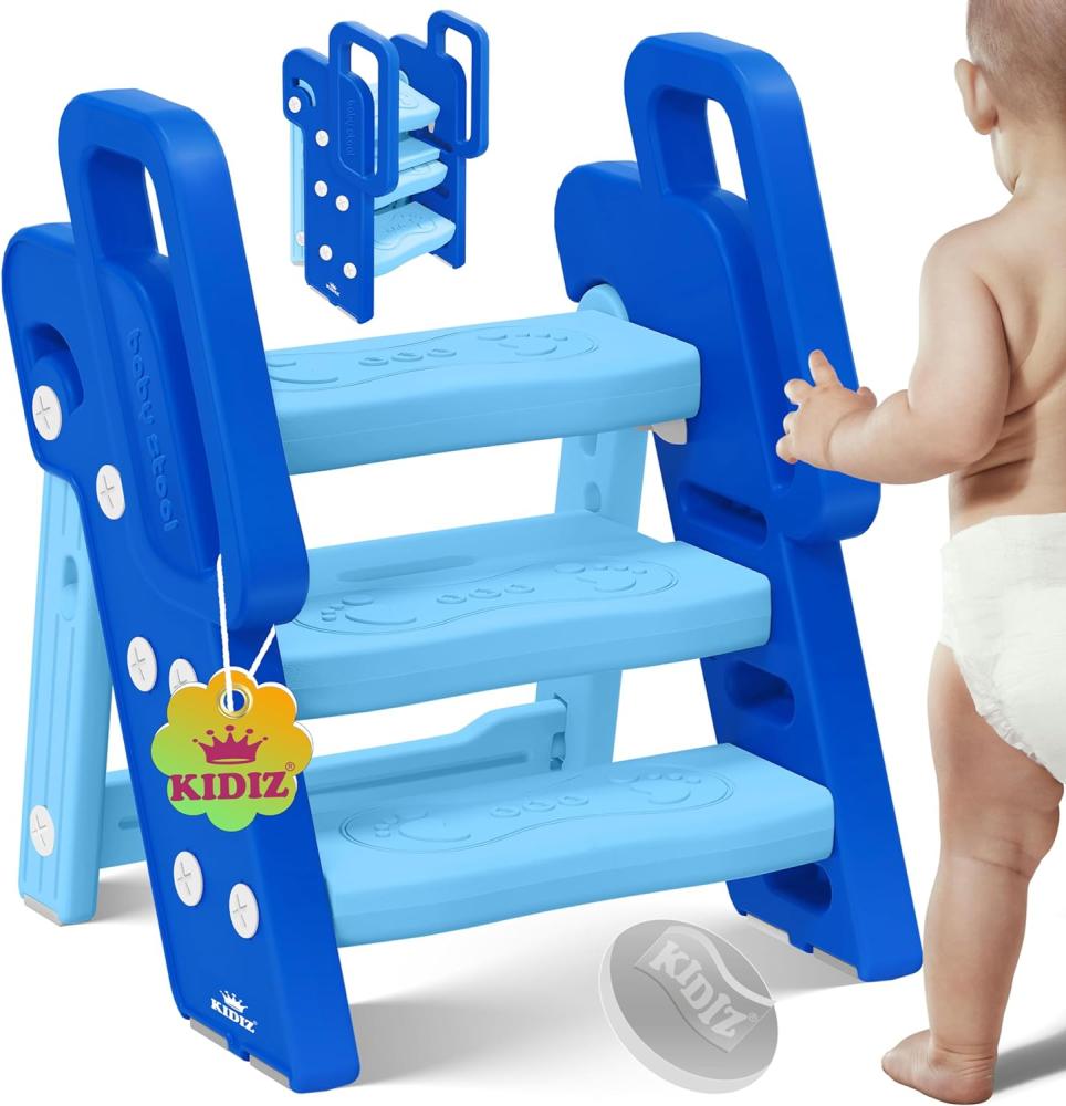 KIDIZ® Tritthocker für Kinder Trittleiter Klappbar mit 3 Stufen | Faltbarer Lern-Turm ab 18 Monaten bis 6 Jahren | Robust | Sicherer & Stabiler Trittschemel | Höhenverstellbar Rutschfest Blau / Hellblau Bild 1