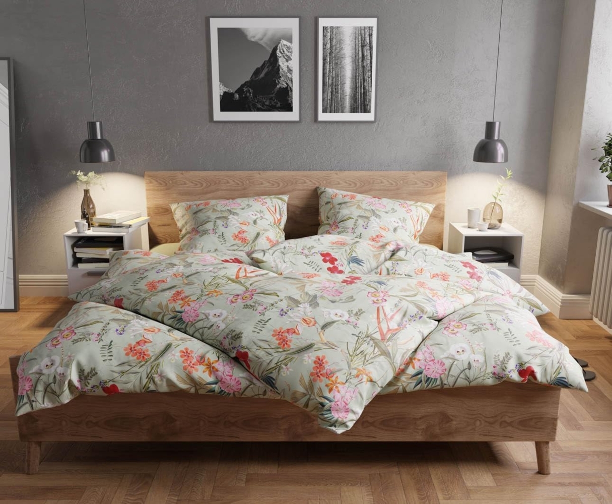 Mako Satin Bettwäsche Tropical Flowers mint 240x220 + 2x 80x80 Bild 1