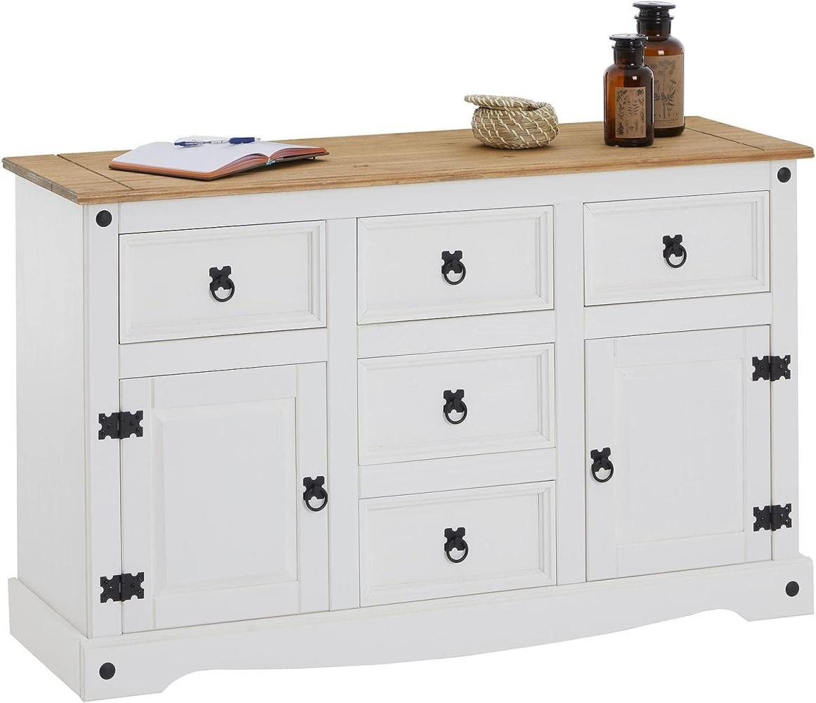 Sideboard Campo im Mexiko Stil, Kommode aus Kiefer massiv, weiß lasiert, 5 Schubladen und 2 Türen Bild 1