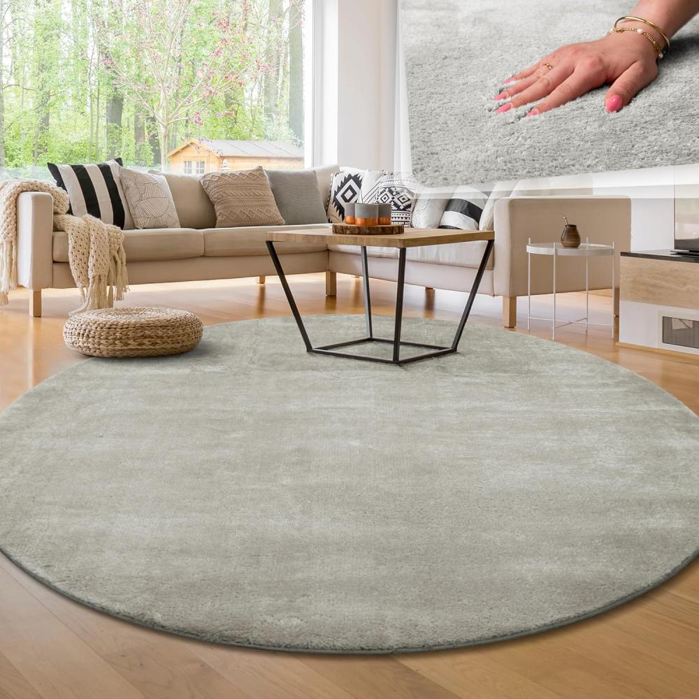 Paco Home Waschbarer Teppich Wohnzimmer Schlafzimmer Kurzflor rutschfest Flauschig Weich Moderne Einfarbige Muster, Grösse:120 cm Rund, Farbe:Silber Bild 1