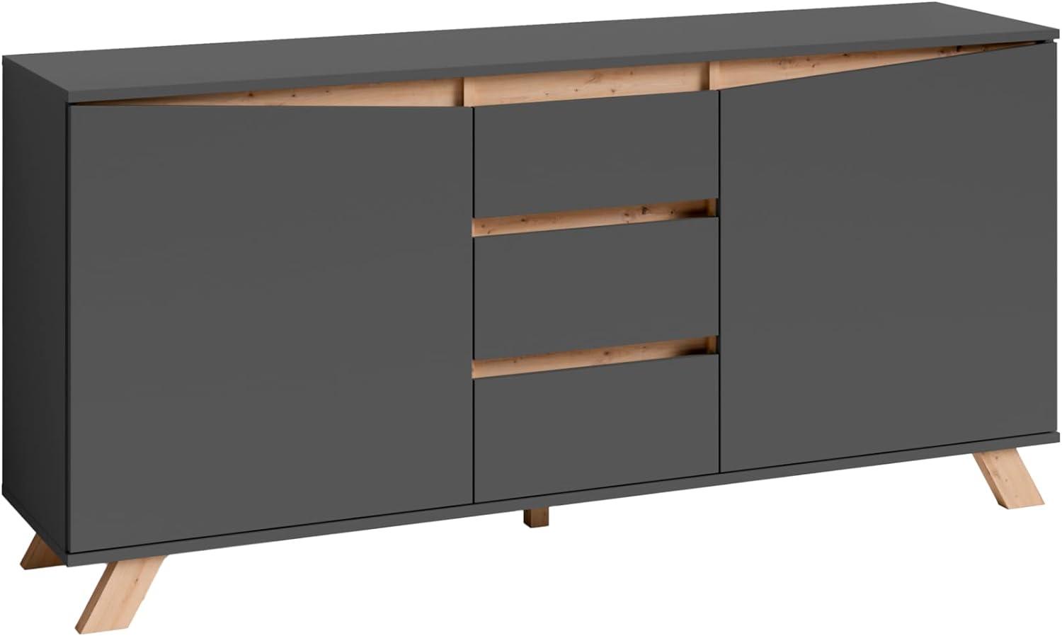 byLIVING Sideboard VALENTIN / Kommode matt anthrazit mit Absetzung in Eiche-Optik / Schrank mit 2 Türen und 3 Schubkästen / Im Scandi-Style / Grifflos / B 160, H 80, T 38 cm Bild 1