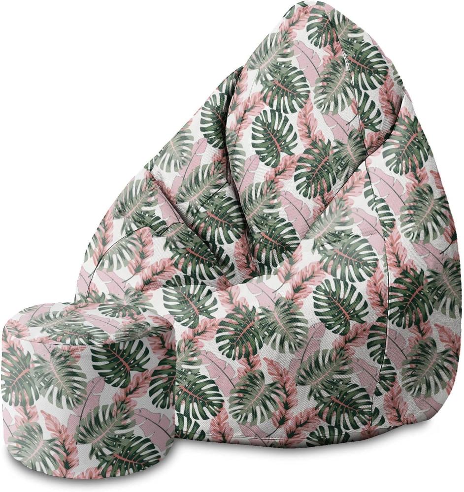 DreamRoots Bean Bag 80x80x120cm - Sitzsack mit Lehne und Hocker und Bezug - mit Füllung, Tropical Pink And Green Leaves Bild 1