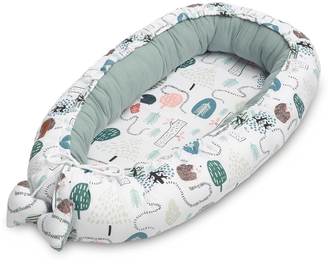 Sensillo - Babynestchen Neugeborene - Baby-Kokon bis zu 6 Monaten - Für Bett, Kinderbett und Reise - Musselin und Baumwolle mit Silikonfüllung - 80x45 cm - Igel, Smaragdgrün Bild 1