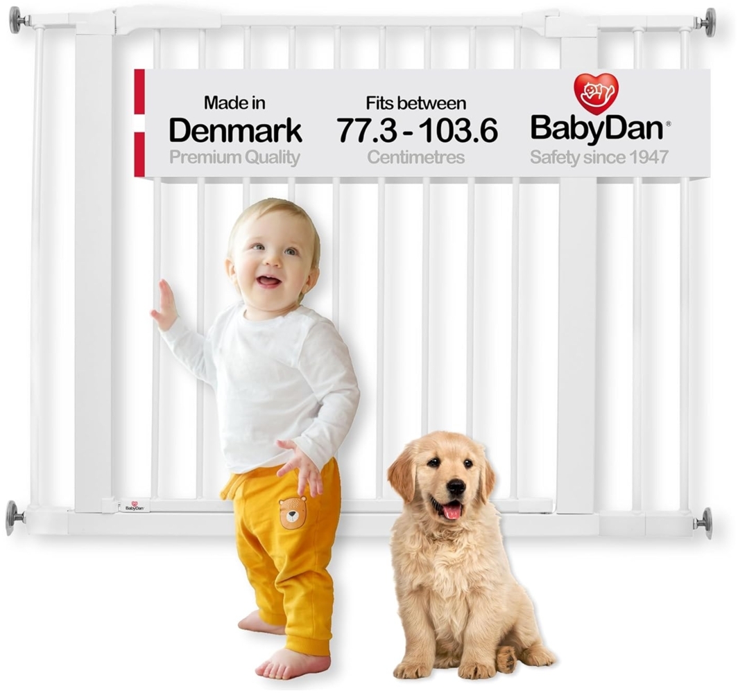 BabyDan Swing Shut, Pressure Fit Treppenschutzgitter, deckt Öffnungen zwischen 77,3-103,6 cm / 30,5-40,7 Zoll, Babygitter/Schutzgitter, weiß, Made in Denmark - (Haustiergitter/Hundegitter) Bild 1