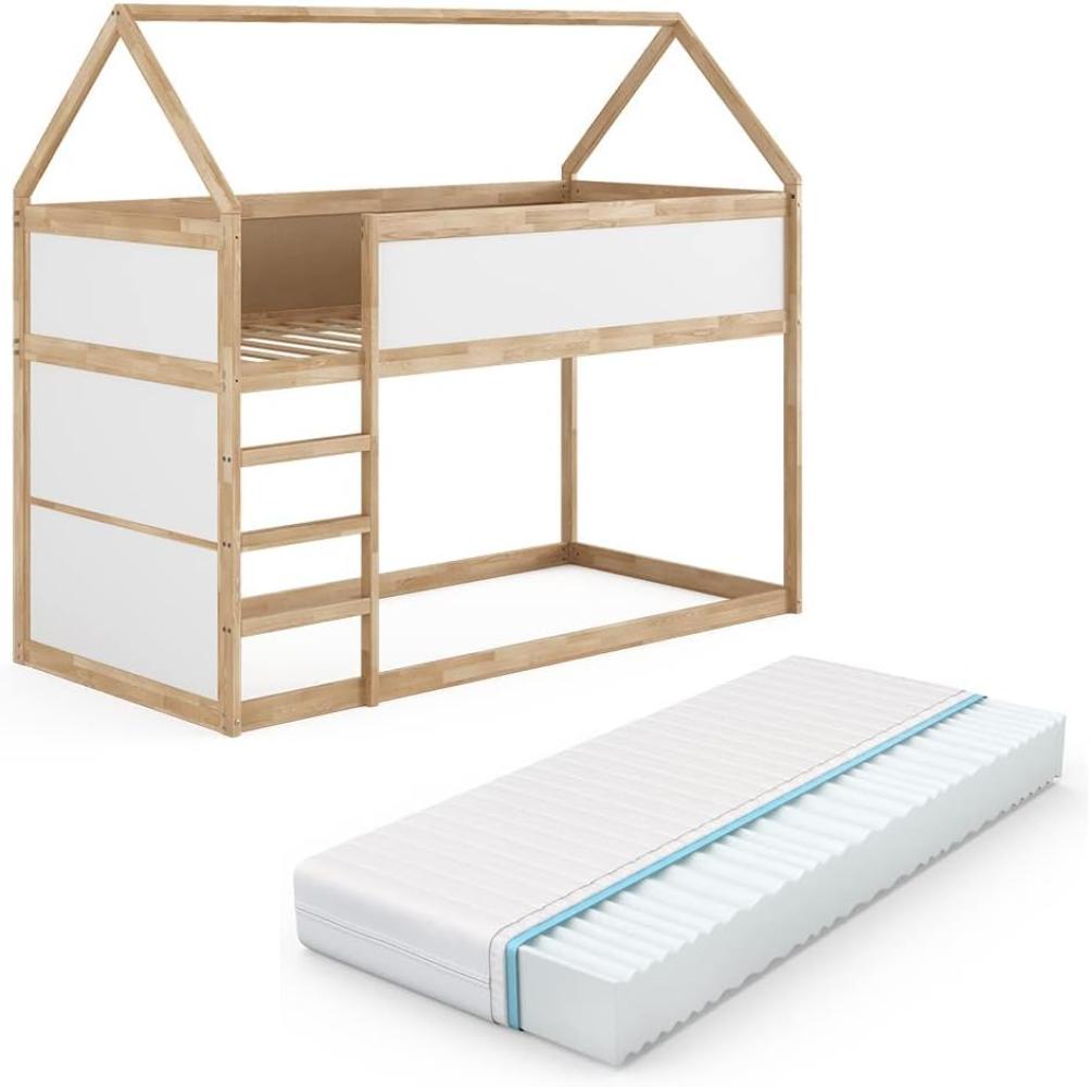 VitaliSpa Kinderstockbett Doppelstockbett Etagenbett Pinocchio Natur Weiß modern 205x175 cm Kinderzimmer Rausfallschutz Massivholz Lattenrost Matratze Bild 1