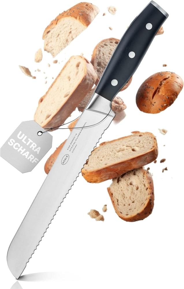 RÖSLE Brotmesser Tradition, Hochwertiges Küchenmesser zum Schneiden von Brot, Brötchen und Baguette, Wellenschliff, Klingenspezialstahl, POM schwarz, Fingerschutz Bild 1