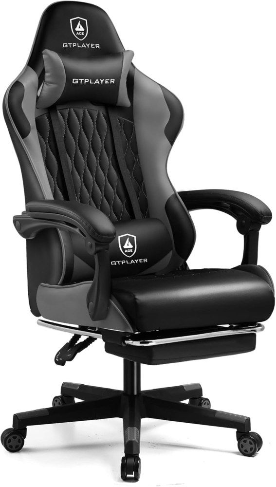 GTPLAYER Gaming Stuhl, Gamer Stuhl, Ergonomischer Bürostuhl mit mit Fußstütze verstellbare Lenden und Kopfkissen, Gaming Chair Gepolstert, Gaming Sessel 150 kg Belastbarkeit grau Bild 1