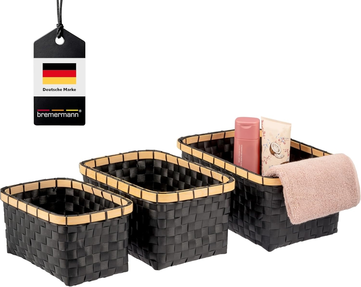 bremermann Aufbewahrungskorb Aufbewahrungskörbe 3er Set, Bambus/PP Streifen, schwarz Bild 1