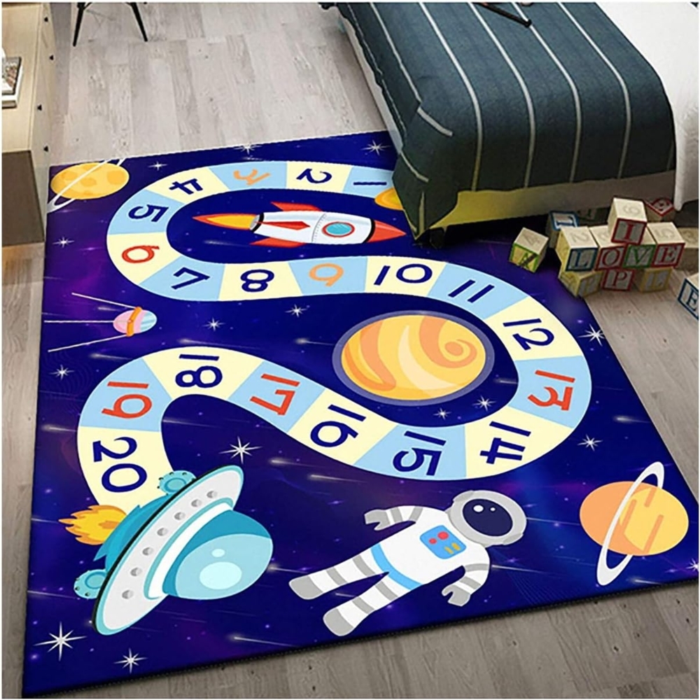 TYKTZXY Kinderteppich Spielen Teppich Straße Auto Tier Universum Blau Grün Grau(80×160cm,31×63inch) Bild 1