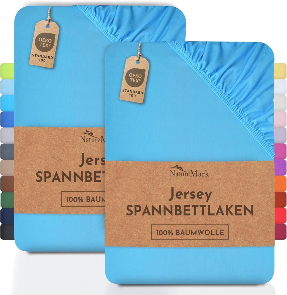 NatureMark 2er Pack Jersey Spannbettlaken, Spannbetttuch 100% Baumwolle in vielen Größen und Farben MARKENQUALITÄT ÖKOTEX Standard 100 | 200x220 cm +40 Steg - türkis Bild 1