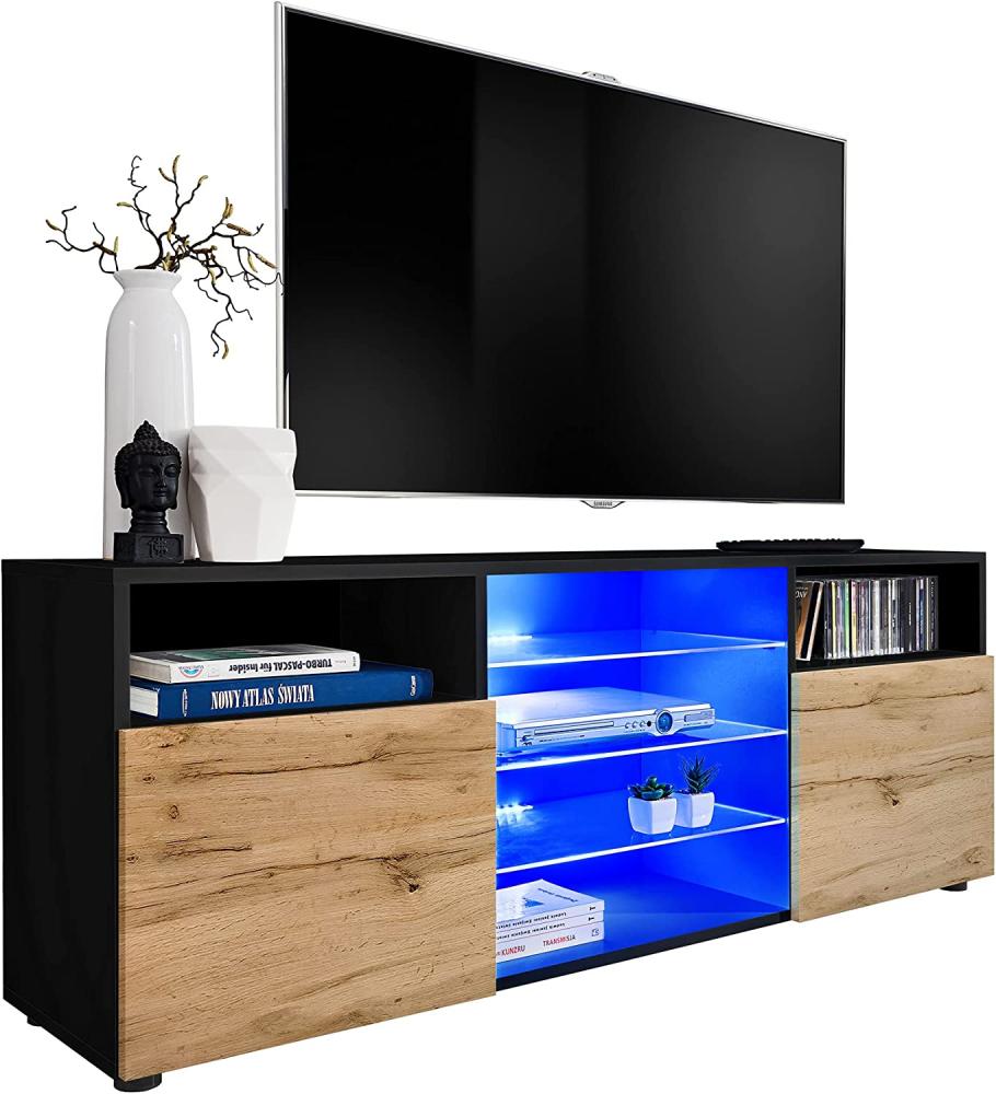 ExtremeFurniture T38 TV Lowboard, Karkasse in Schwarz Matt/Front in Wotan Matt mit LED in RGB Bild 1