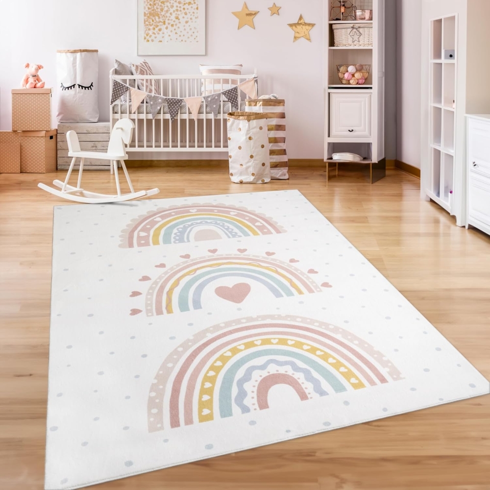 Paco Home Teppich Kinderzimmer Kinderteppich Spielteppich Kurzflor rutschfest Krone Herzen Punkte Sonne Regenbogen Buchstaben, Grösse:160x220 cm, Farbe:Rosa 2 Bild 1