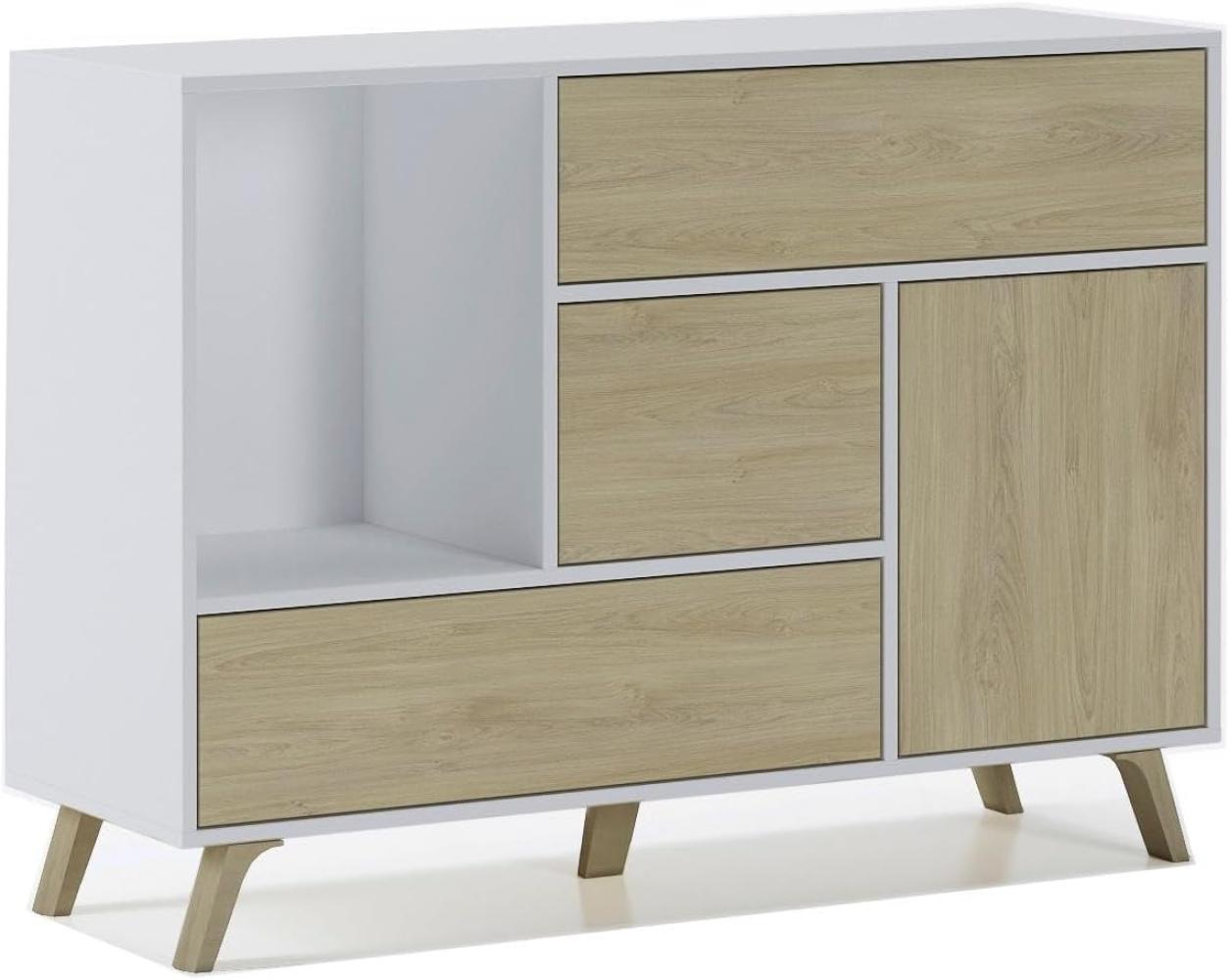 Skraut Home – Sideboard für Wohn- oder Esszimmer – 86 x 120 x 40 cm – Buffet mit 1 Tür + 3 Schubladen – Windmodell – widerstandsfähiges Holz – Weiß/Eiche-Finish Bild 1