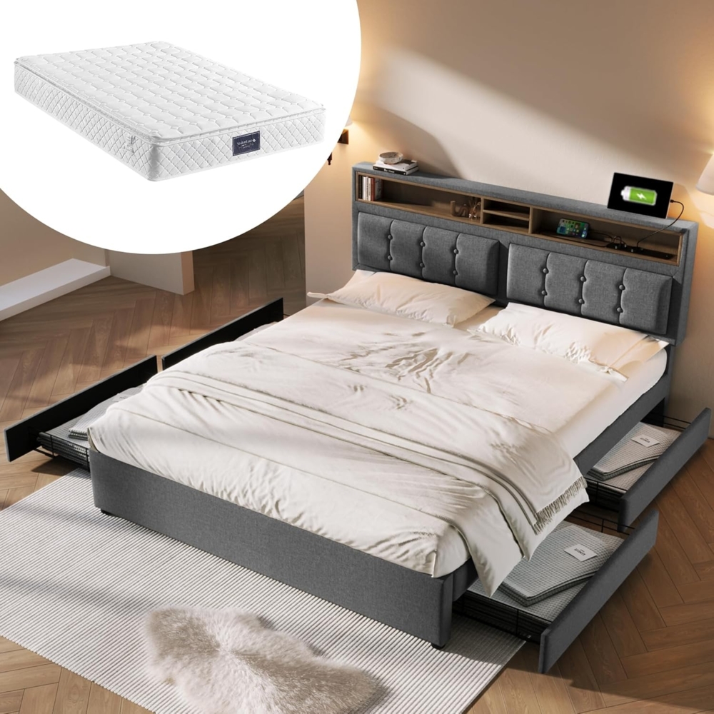 OKWISH Polsterbett Doppelbett Stauraumbett, Kiefernholz Flanell 180*200cm Ohne Matratze Bild 1