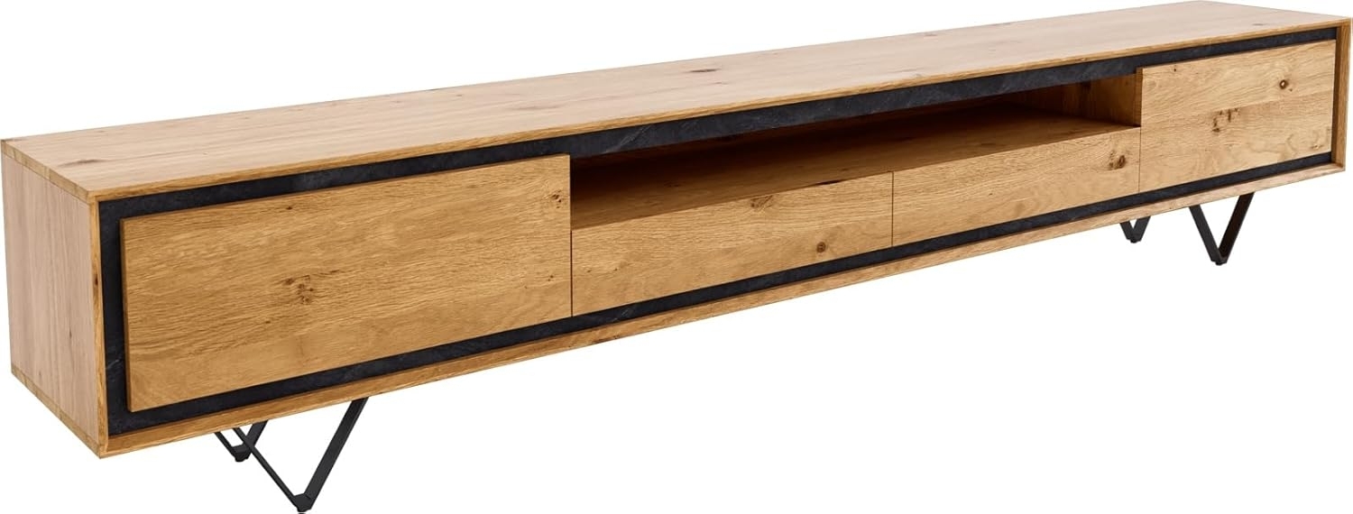 Lowboard Stonegrace 240 cm Eiche Natur 2 Türen 1 Fach 2 Schubladen Steinfurnier V-Fuß Metall Schwarz Bild 1