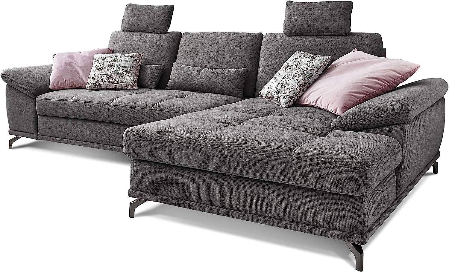Cavadore Ecksofa Castiel mit Federkern / Großes Sofa in L-Form mit Sitztiefenverstellung, Kopfstützen und XL-Longchair / 312 x 114 x 173 / Webstoff, Grau Bild 1