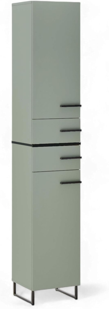 PALERMO Badezimmer Hochschrank in Schilfgrün, Schwarz - Badezimmerschrank Bad Schrank mit viel Stauraum - 35 x 194 x 33 cm (B/H/T) Bild 1